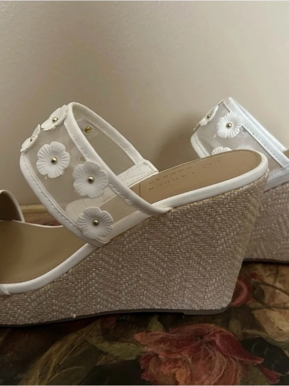White Floral Mesh Espadrille Wedge Sandals